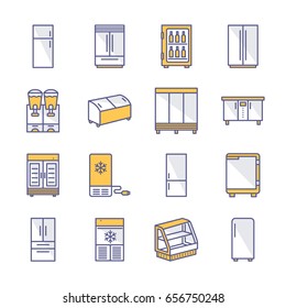 Refrigerators flat line icons. Fridge types, freezer, wine cooler, commercial major appliance, refrigerated display case. Thin linear colored signs for household equipment shop.