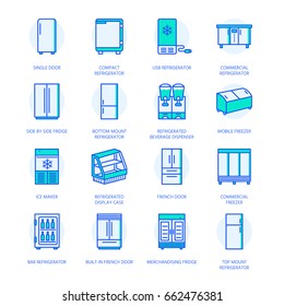 Refrigerators Flat Line Icons. Fridge Types, Freezer, Wine Cooler, Commercial Major Appliance, Refrigerated Display Case. Thin Linear Colored Signs For Household Equipment Shop.