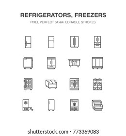 Refrigerators flat line icons. Fridge types, freezer, wine cooler, commercial major appliance, refrigerated display case. Thin linear signs for household equipment shop. Pixel perfect 64x64.