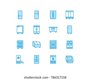 Refrigerators flat line icons. Fridge types, freezer, wine cooler, commercial major appliance, refrigerated display case. Thin linear signs for household equipment shop. Pixel perfect 64x64.