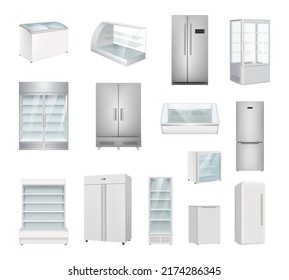 Refrigerators. Industrial and home frozen refrigerators various models decent vector illustrations in realistic style