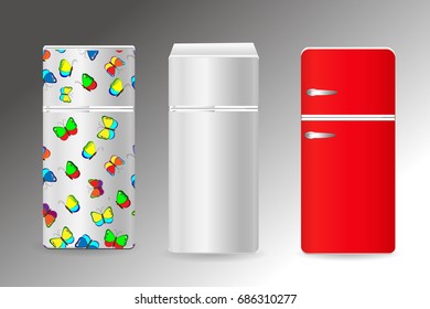 Refrigerators set. Red, white and multi-colored refrigerators