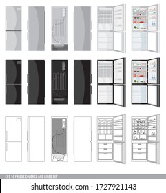 Refrigeradores listos. Frigorífico plateado y negro con dos puertas y puerta de vidrio - Ilustración vectorial aislada en fondo blanco. Conjunto de líneas y objetos de color. Máquina de cocina. Lleno de congelación de alimentos.