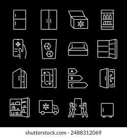 Refrigerators, white line icons. Icons depicting refrigeration equipment for freezing and storing food. Essential for home appliance and culinary themes. Symbols on black background. Editable stroke.