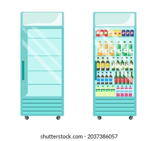 The refrigerator-showcase is empty and filled with drinks. Vector
