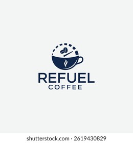 Refuel Coffee Logo with Cup and Energy Gauge Meter Icon   Modern Blue Cafe Vector