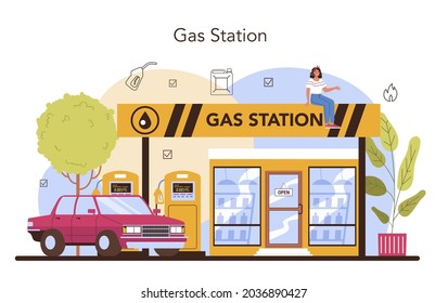 Concepto de refugiado. Trabajador de gasolineras uniformados trabajando con una pistola de relleno. Hombre vertiendo combustible en un auto en una estación de petróleo. Ilustración vectorial aislada