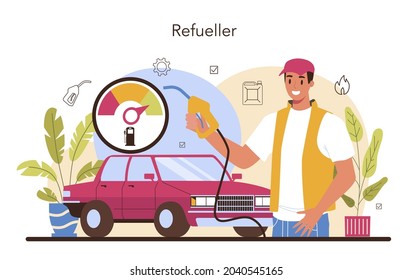 Concepto de refugiado. Trabajador de gasolineras uniformados trabajando con una pistola de relleno. Hombre vertiendo combustible en un auto en una estación de petróleo. Ilustración vectorial aislada