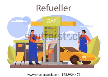 Refueler concept. Gas station worker in uniform working with a filling gun. Man pouring fuel into car in petroleum station. Isolated vector illustration