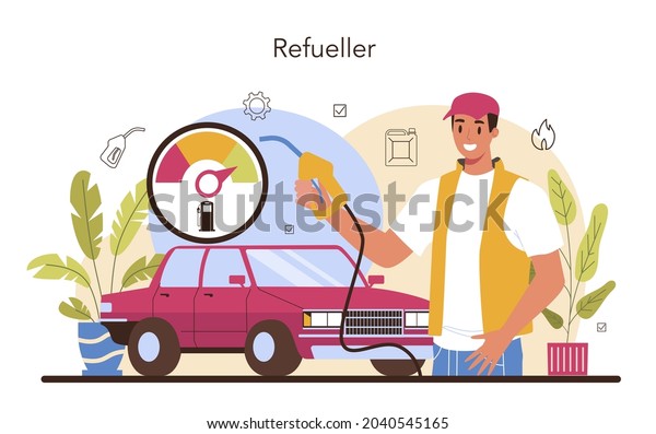 Refueler concept. Gas station worker in\
uniform working with a filling gun. Man pouring fuel into car in\
petroleum station. Isolated vector\
illustration