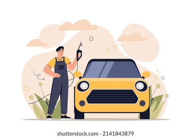Refugio al lado del auto. Un trabajador uniformado reabastece el vehículo con gasolina, combustible para viajar. Servicio cómodo y cómodo, negocios y empleados en el lugar de trabajo. Dibujo vectorial plano de dibujos animados