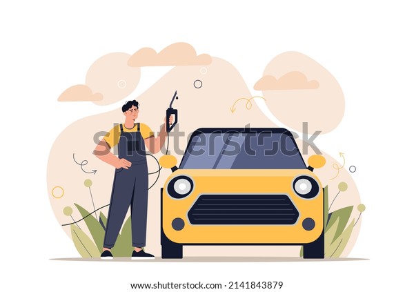 Refueler next to car. Uniformed worker\
refuels vehicle with gasoline, fuel for travel. Convenient and\
comfortable service, business and employee at workplace. Cartoon\
flat vector\
illustration