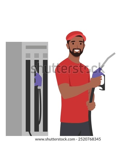 Refueler in uniform assisting car drivers in refilling petrol pump. Flat vector illustration isolated on white background