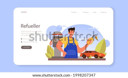 Refueler web banner or landing page. Gas station worker in uniform working with a filling gun. Man pouring fuel into car in petroleum station. Isolated vector illustration