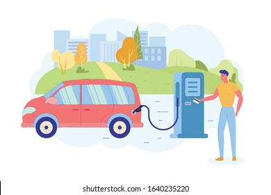 Refueling Car with Column and Paying with Card. Man Refueling his Family Car with Gas to Continue his Journey. In Background is Park and High Buildings Big City, Skyscrapers, Bright Illustration.