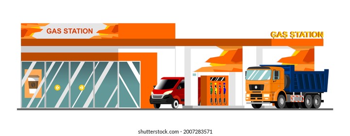 Refueling a car at a gas station, a dump truck and a minivan at a gas station. oil industry. Modern Flat vector illustration isolated on white background.