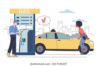Refueling car at gas station. Man and woman refueling automobile. Diesel, gasoline and petroleum. Transportation and auto. Refueler with client. Linear vector illustration