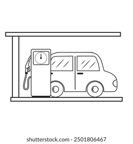 Cargando un coche en una gasolinera - Ilustración vectorial, contorno negro, diseño aislado de llenar un coche con gasolina