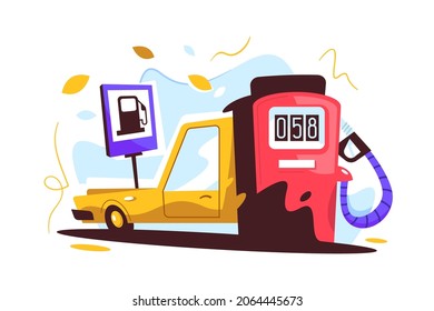 Refrigeración del coche en la ilustración vectorial de la estación de gas. Llena el coche con combustible para el largo viaje de estilo plano. Tanque completo con gasolina, concepto de vehículo