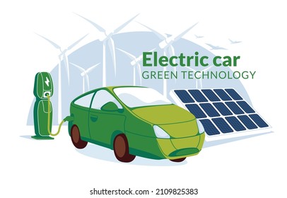 refueling for electric vehicles with solar panel. Green energy concept. Electro car or gybrid on the clen sky clouds background. Flat vector illustration