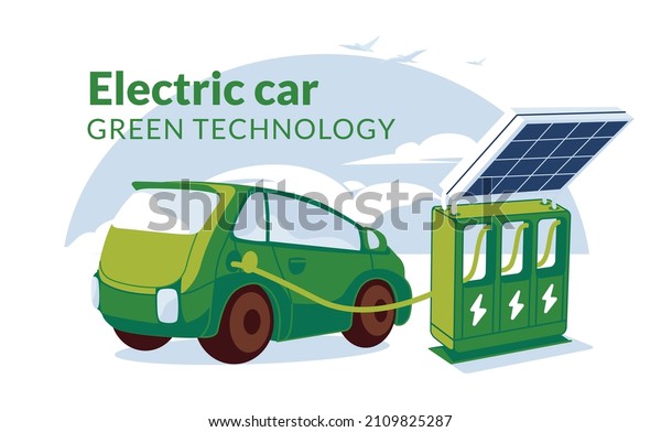 refueling for electric vehicles with\
solar panel. Green energy concept. Electro car or gybrid on the\
clen sky clouds background. Flat vector\
illustration