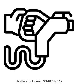 Refueling EV charging gun in hand line icon, electric car concept, gasoline nozzle sign on white background, Human hand with refueling gun in outline for mobile. Vector graphics.