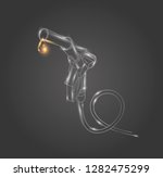 refueling gas gun linear illustration on dark backdrop, glowing lines and golden drop