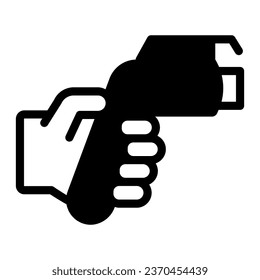 Fuego de repostaje en icono de mano sólida, concepto de coche eléctrico, señal de boquilla de gasolina sobre fondo blanco, mano humana con icono de arma de reabastecimiento en estilo glifo para móvil y web. Gráficos vectoriales