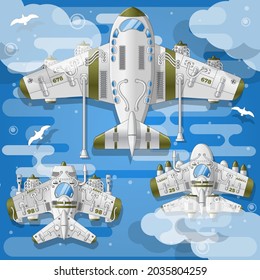 Refueling Military Aircraft In The Air. View From Above. Vector Illustration.