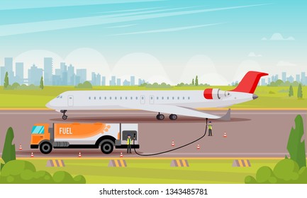 Refueling Passenger Aircraft Flat Illustration. Vector Colored Background. Attentive Airport Workers Run New White Plane at Airfield Away from Big City With Fuel Truck in Warm Season. 