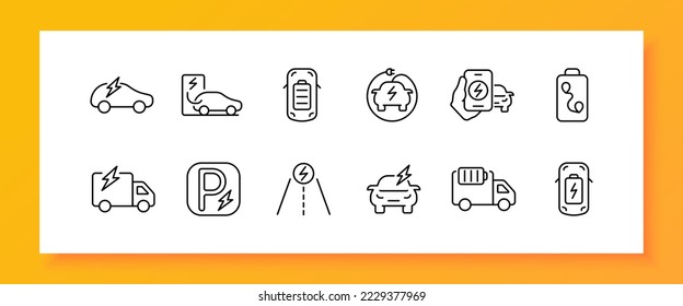 Icono de juego de reabastecimiento. Coche, coche eléctrico, camión, batería, gas, gasolina, solárium, kilometraje, autopista, gasolinera, acumulador, ecología. Concepto de transporte. Icono de conjunto negro del vector