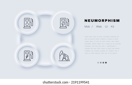 Refueling station set icon. Gas, water, leaf, charge, recharge, electricity, power plant, eco, ecology, car, electrocar. Energy concept. Neomorphism. Vector line icon for Business and Advertising.