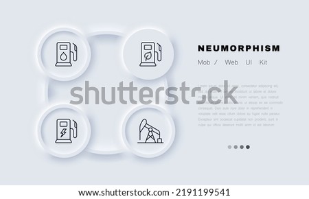 Refueling station set icon. Gas, water, leaf, charge, recharge, electricity, power plant, eco, ecology, car, electrocar. Energy concept. Neomorphism. Vector line icon for Business and Advertising.