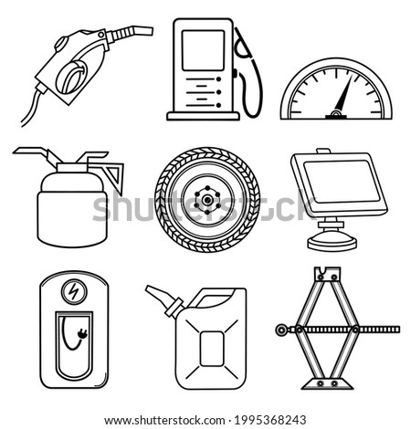 Refueling vector icons set. Refueling gun, gas station, refueling the car with electricity, speedometer, canister, tire, oil can.Isolated illustration on a white background. Hand drawn black silhouet