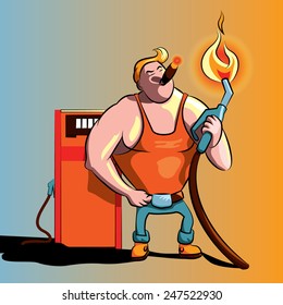 Refueling worker vector illustration, smoking a cigar on the gas station svg