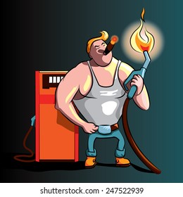 Refueling worker vector illustration, smoking a cigar on the gas station at night