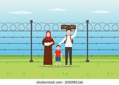 Refuge vector concept: family move to other region while carrying bag and suitcase