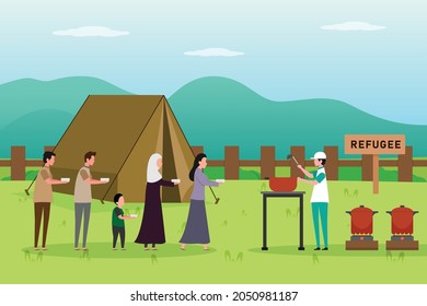 Refuge vector concept: Group of refugees queuing to get food from volunteer while holding their plates