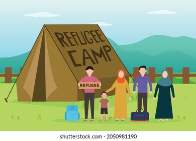 Refuge vector concept: Group of refugees standing near the refugee camp with their bags