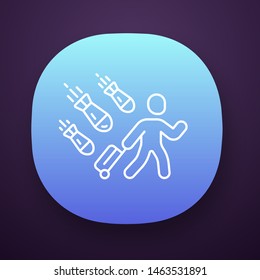 Refugee app icon. Humanitarian aid and evacuation. Travelling abroad. Escaping emigrant. War victim. Illegal immigrant. UI/UX user interface. Web or mobile application. Vector isolated illustration