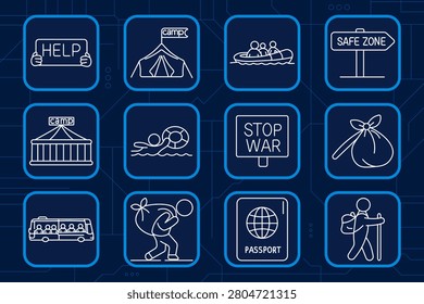 Refugee assistance set icon. Help, camp, evacuation, rescue boat, safe zone, shelter, migration, transport, donation, humanitarian aid, passport, survival, support, crisis, relocation