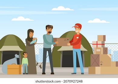 Refugee and Asylum Seeker Getting Humanitarian Aid from Volunteer Vector Illustration