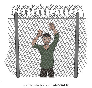 refugee behind a fence, vector illustration, isolated on white
