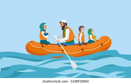 Refugee Boat Concept Banner. Flat Illustration Of Refugee Boat Vector Concept Banner For Web Design