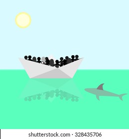refugee boat following by a shark