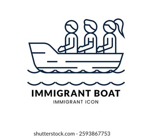 Refugee Boat line Icon Set . Migrant People . Vector Illustration