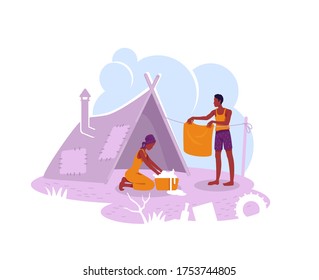 Refugee camp 2D vector web banner, poster. Illegal migrant temporary shelter flat characters on cartoon background. Poor family in tent printable patch, colorful web element