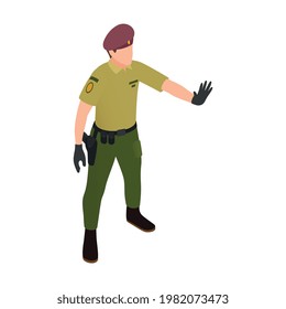 Icono isométrico del campo de refugiados con guardia de seguridad mostrando gesto de parada Id ilustración vectorial 3d