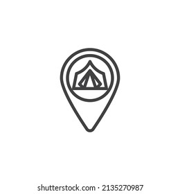 Refugee Camp Location Line Icon. Linear Style Sign For Mobile Concept And Web Design. Map Pointer And Tent Outline Vector Icon. Symbol, Logo Illustration. Vector Graphics