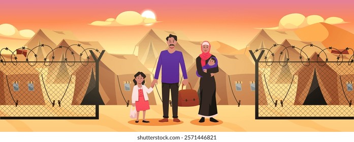 Refugee camp people in desert. Cartoon family refugees in tent city shelter for homeless people. Outdoor immigrant residence with barbed wire fence vector flat illustration. Parents with child newborn